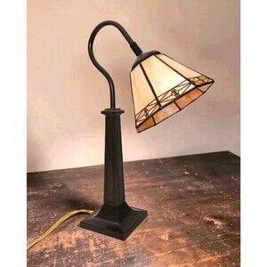Vintage Mission Arts & Crafts Style Cream Slag Glass Goose Neck Table Desk Lamp
